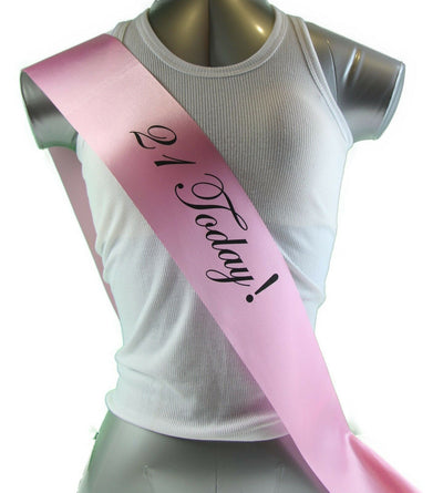 21st Birthday Sash - 21 Today! Party - Light Pink/Black Edwardian Font