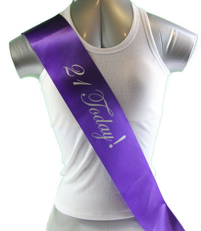 21st Birthday Sash - 21 Today! Party - Purple/Silver Edwardian Font