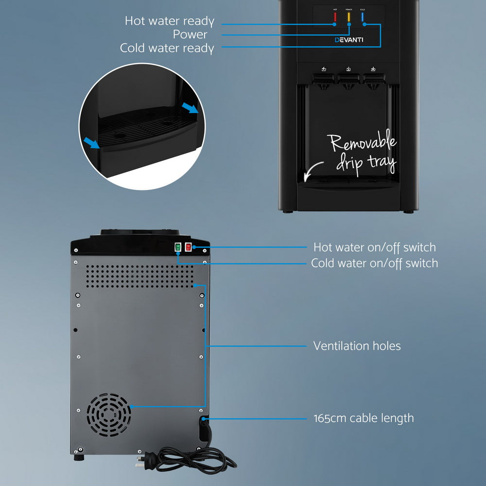 22L Devanti Water Cooler Dispenser Bench Top 3 Taps Chiller Filter Purifier Three Taps Balck
