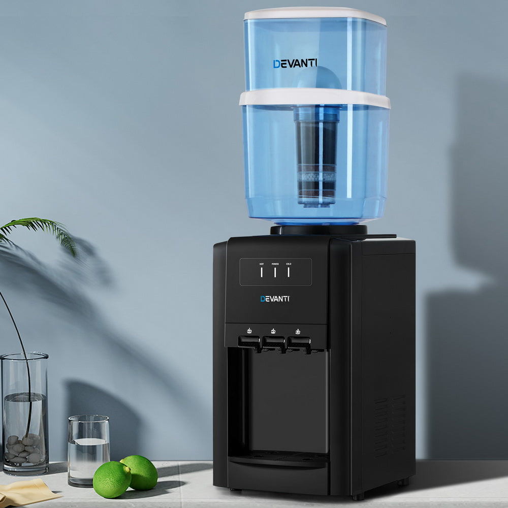 22L Devanti Water Cooler Dispenser Bench Top 3 Taps Chiller Filter Purifier Three Taps Balck