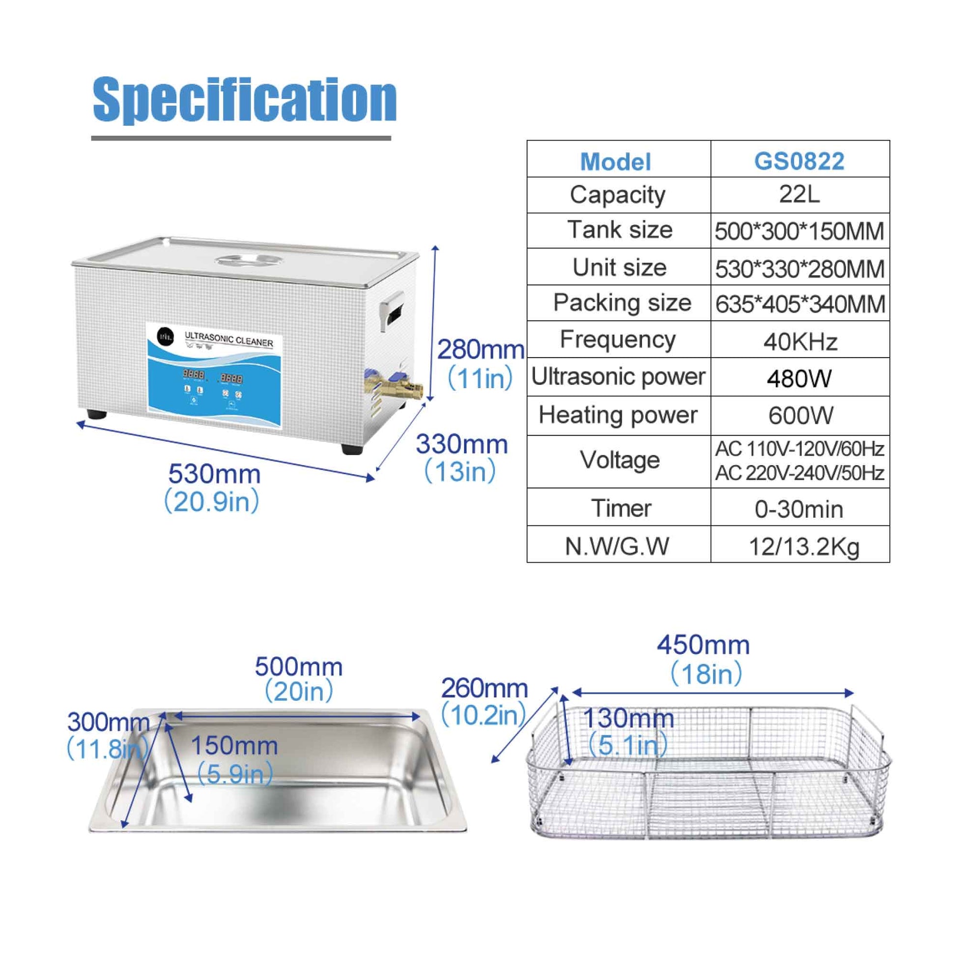 22L Digital Ultrasonic Cleaner Jewelry Ultra Sonic Bath Degas Parts Cleaning
