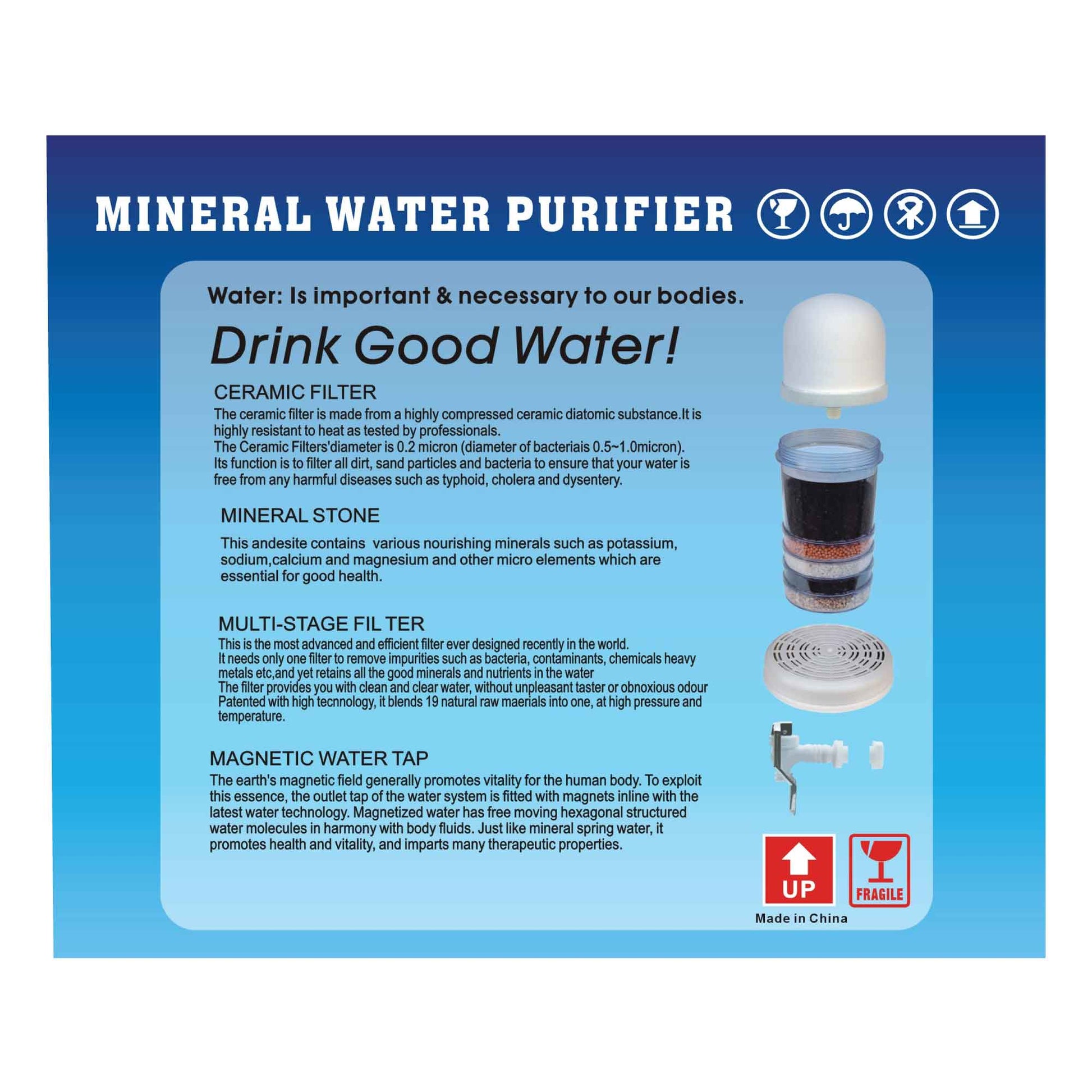 28L Benchtop 8 Stage Water Filter - Ceramic Carbon Mineral Stone Silica Purifier