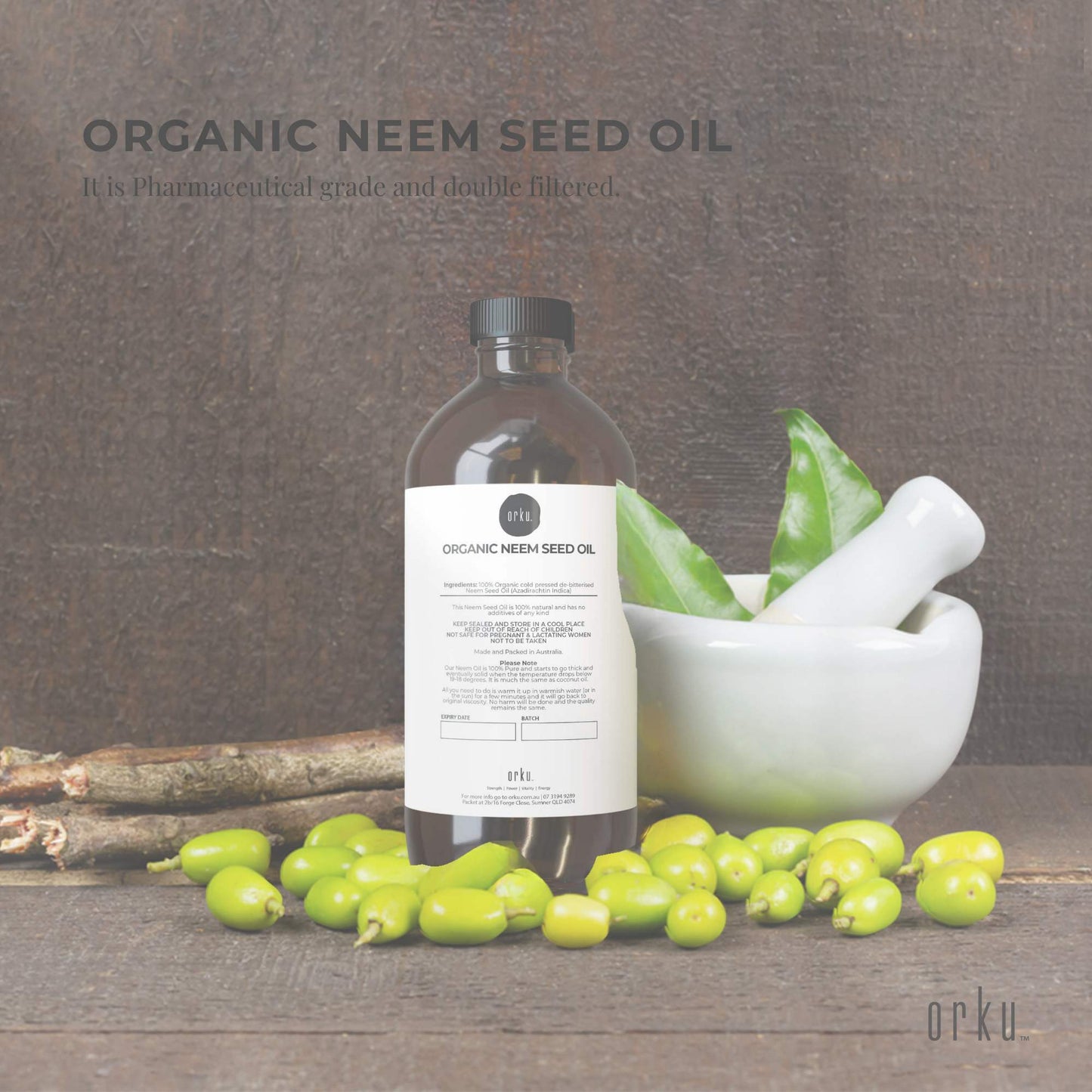 Orku 500ml Organic Neem Seed Oil Debitterised Cold Pressed Azadirachtin Indica