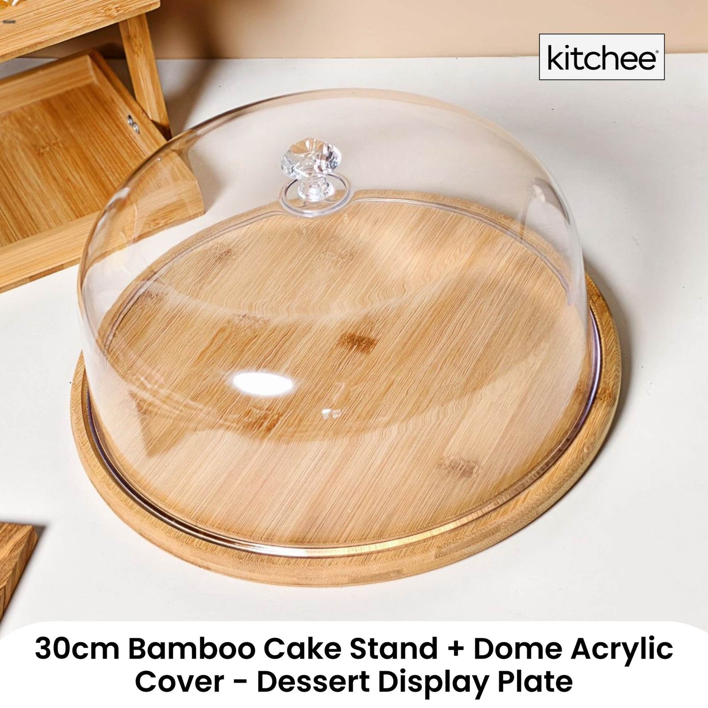 Kitchee 30cm Bamboo Cake Stand + Dome Acrylic Cover - Dessert Display Plate