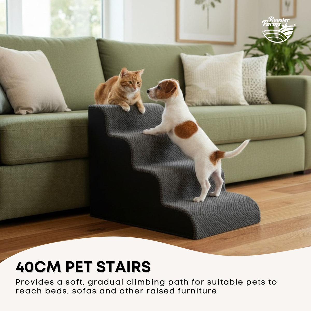 Rooster Farms 40cm Dog Stairs Pet Ramp Soft Foam - Washable Cover Grey