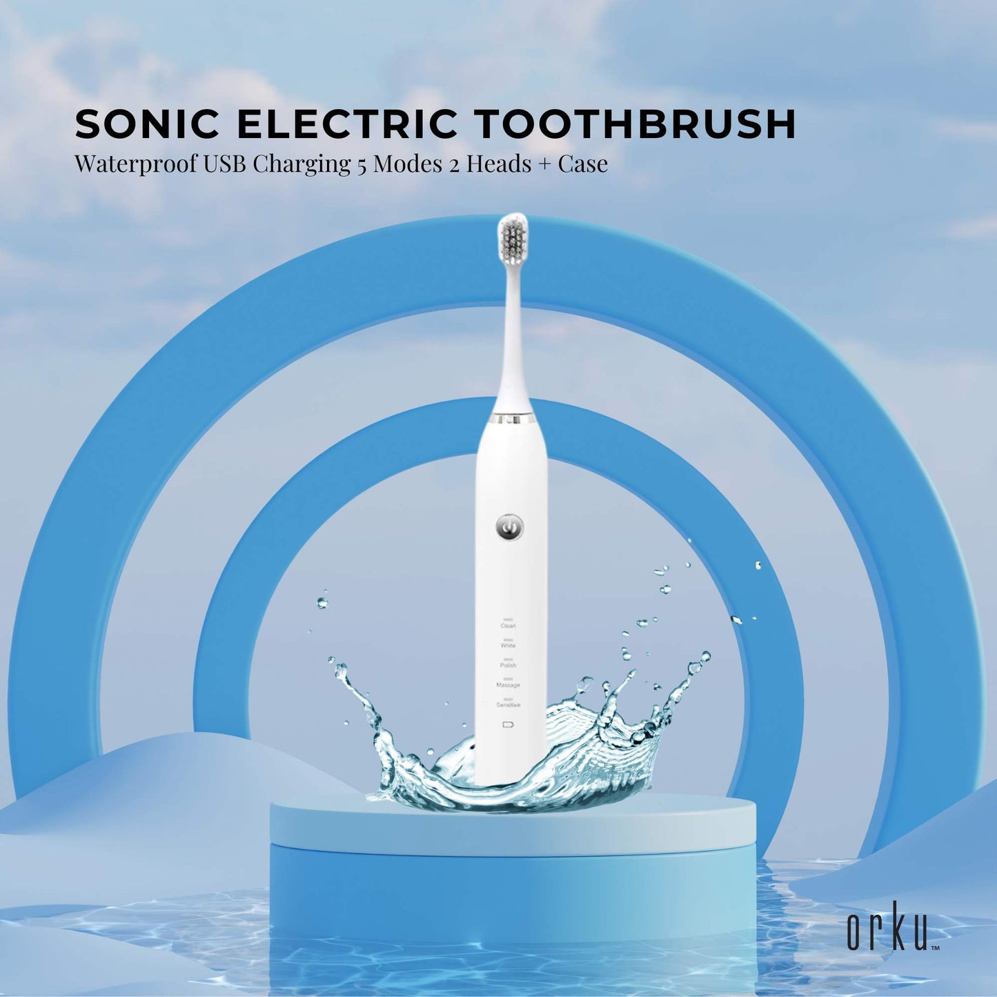 Sonic Electric Toothbrush White - Waterproof USB Charging 5 Modes 2 Heads + Case