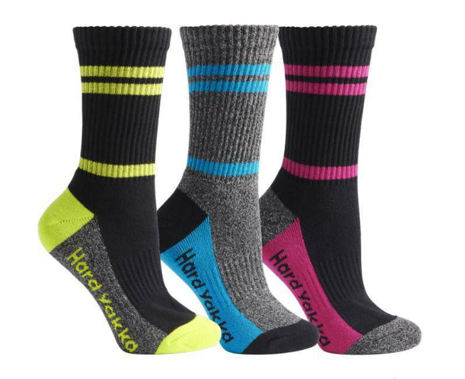 3 Pairs X Hard Yakka Womens Crew Work Socks Multi-Coloured