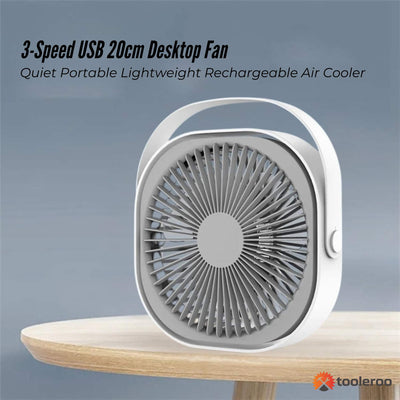 3-Speed USB 20cm Desktop Fan – Quiet Portable Lightweight Rechargeable Cooler