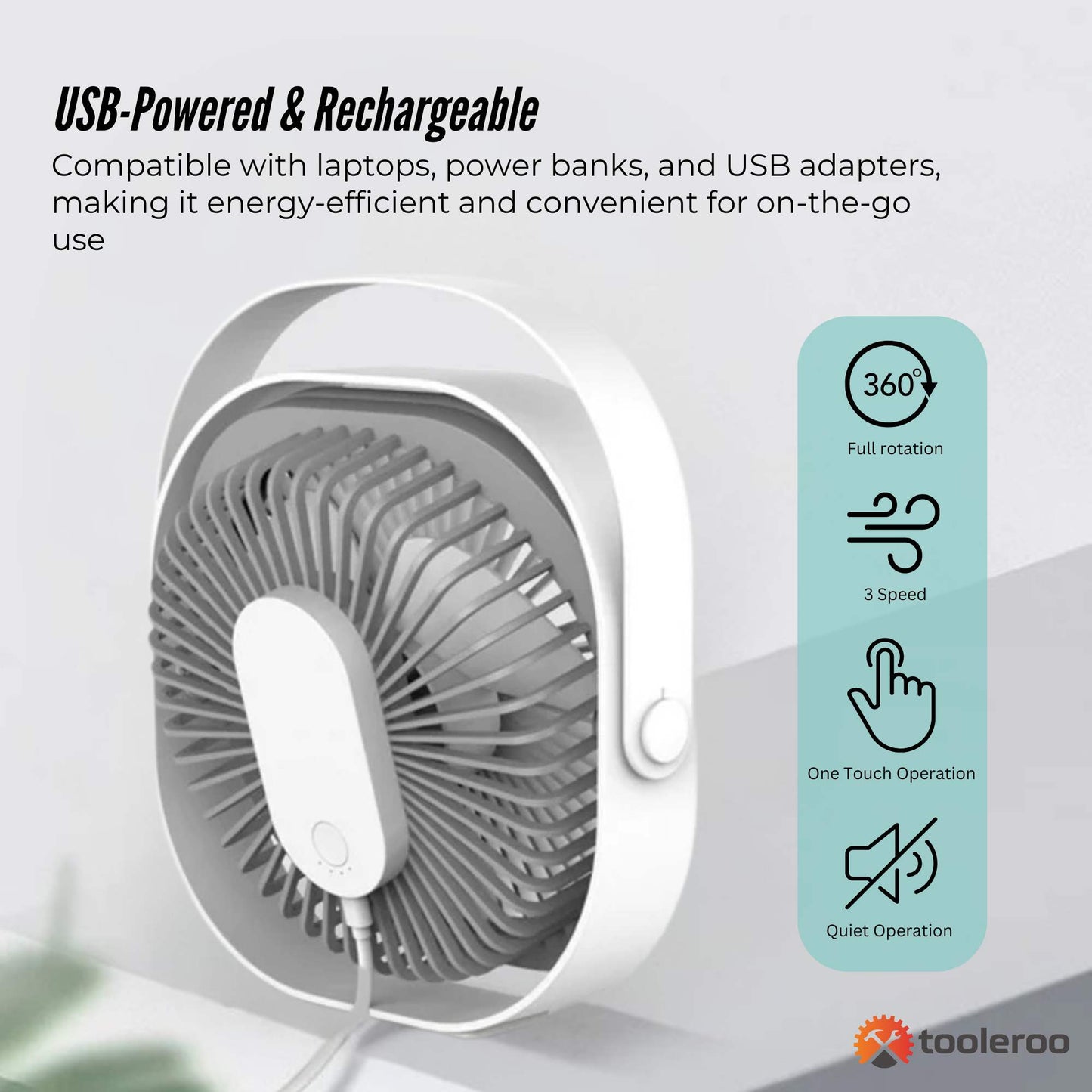 3-Speed USB 20cm Desktop Fan – Quiet Portable Lightweight Rechargeable Cooler