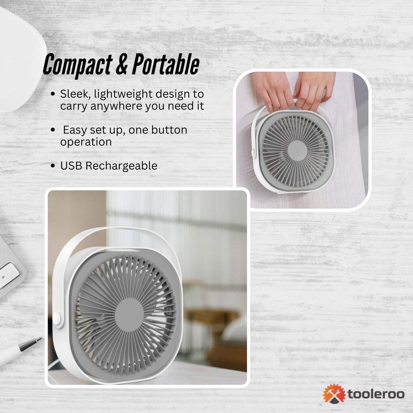 3-Speed USB 20cm Desktop Fan – Quiet Portable Lightweight Rechargeable Cooler