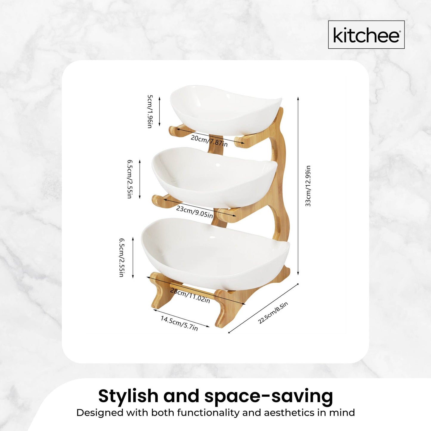 3 Tier Porcelain Fruit Bowl - Ceramic Vegetable Storage With Bamboo Stand