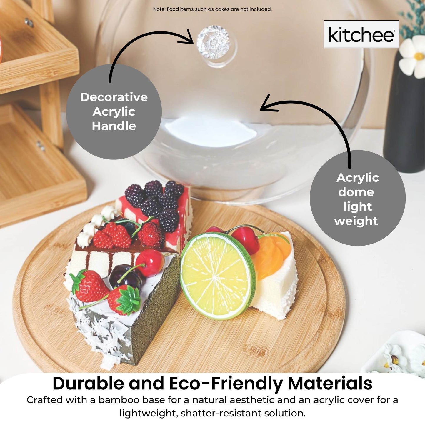 Kitchee 30cm Bamboo Cake Stand + Dome Acrylic Cover - Dessert Display Plate