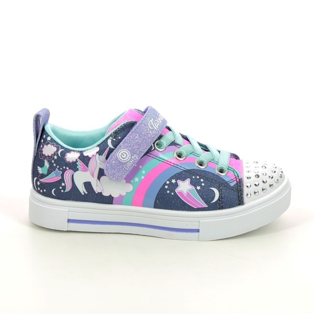 Kids Skechers Twinkle Sparks - Unicorn Charme Navy/Multi Girls Light Up Trainers