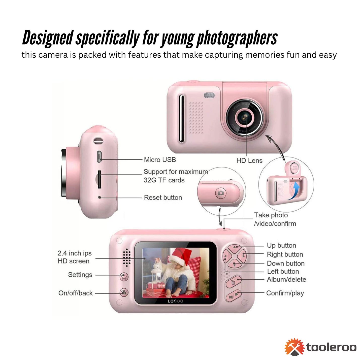 Kids HD Digital Camera Pink - Children's Selfie Photo Video 2.4 Inch Screen