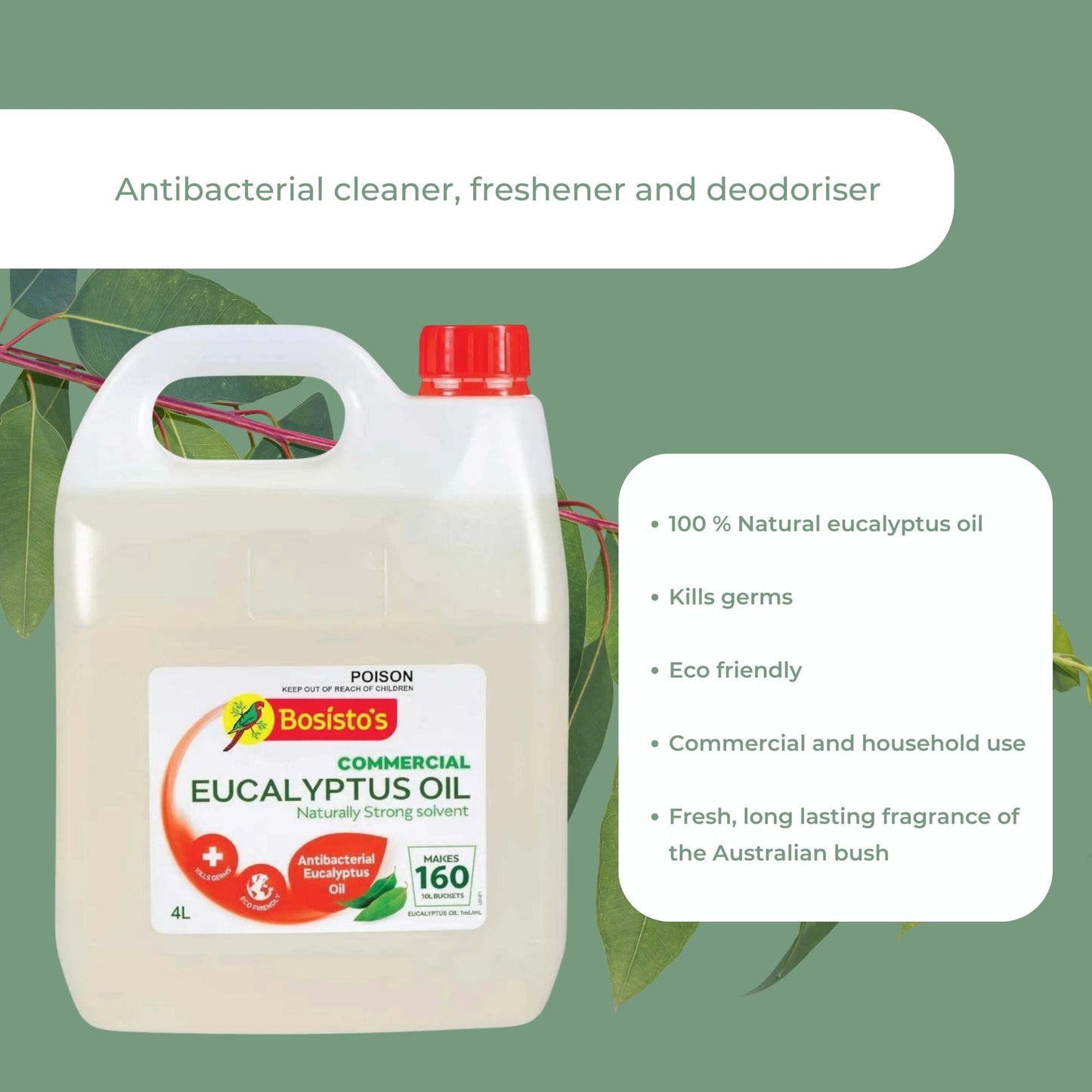 4L Commercial Cleaner Natural Bosisto's Eucalyptus Oil Floor Kitchen Bathroom