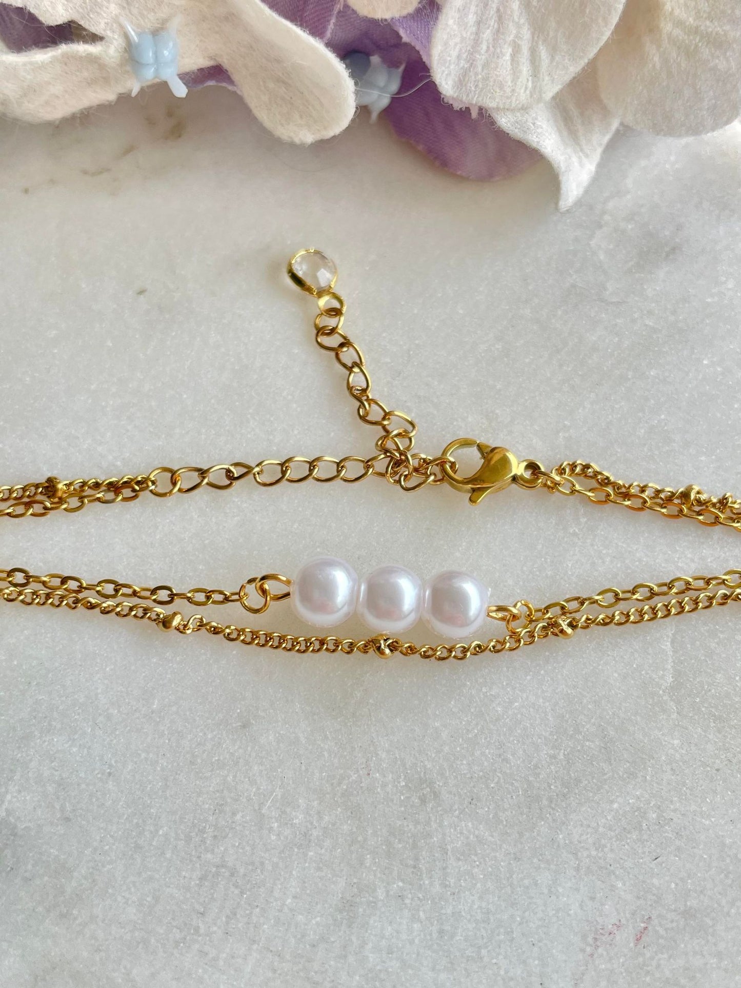 Pearl and gold chain double bracelet - Gold Plated Tarnish Free Jewellery