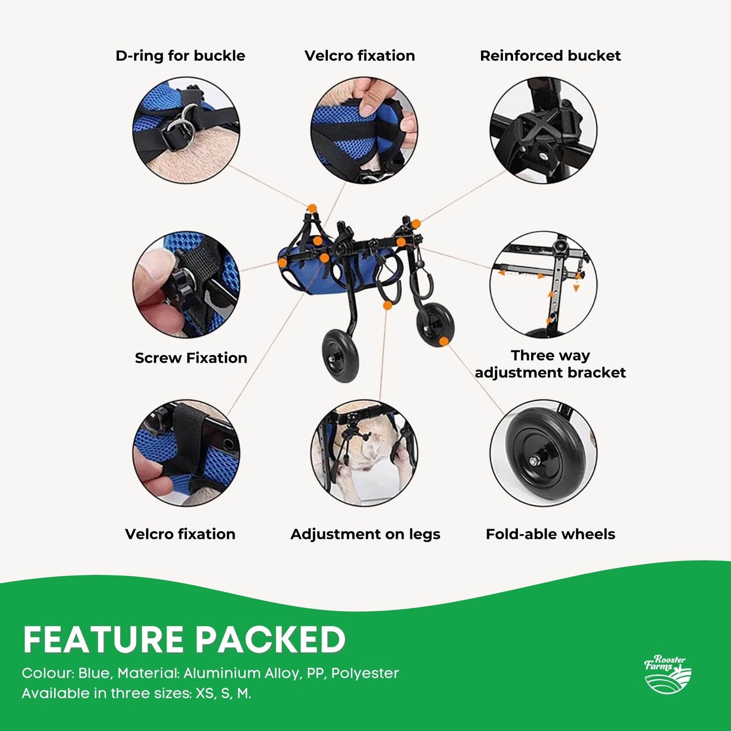 Rooster Farms XSmall Dog Wheelchair for Back Legs - Adjustable Mobility Aid