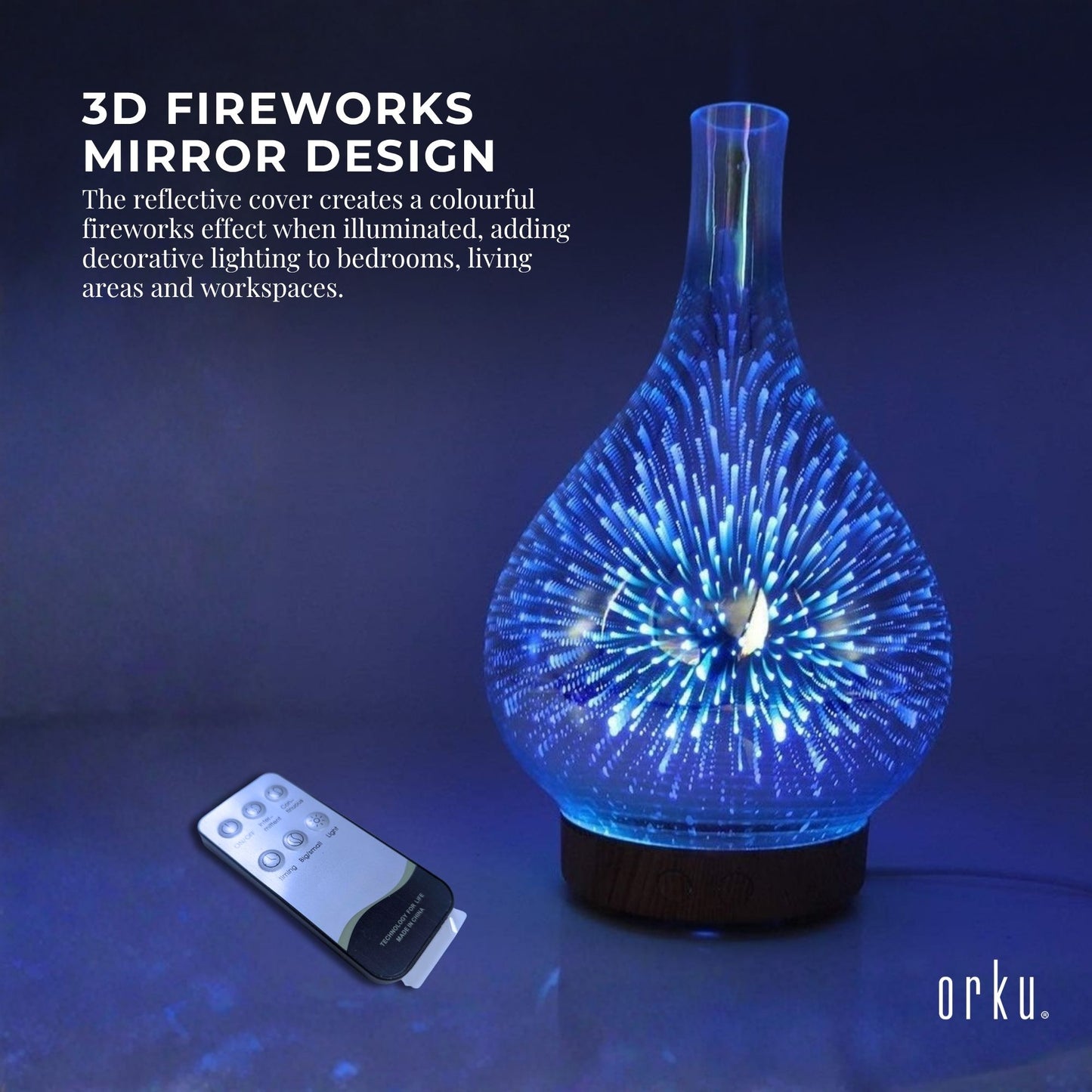 Orku Essential Oil Aroma Diffuser - Mirror 3D Fireworks Light USB Remote