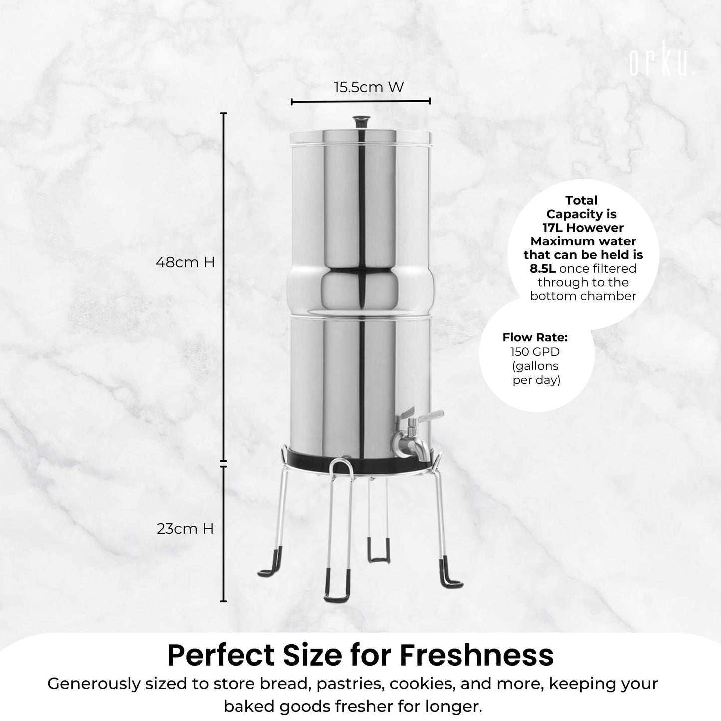 Orku 8.5L Gravity Benchtop Water Filter - Stainless Steel Fluoride Removal