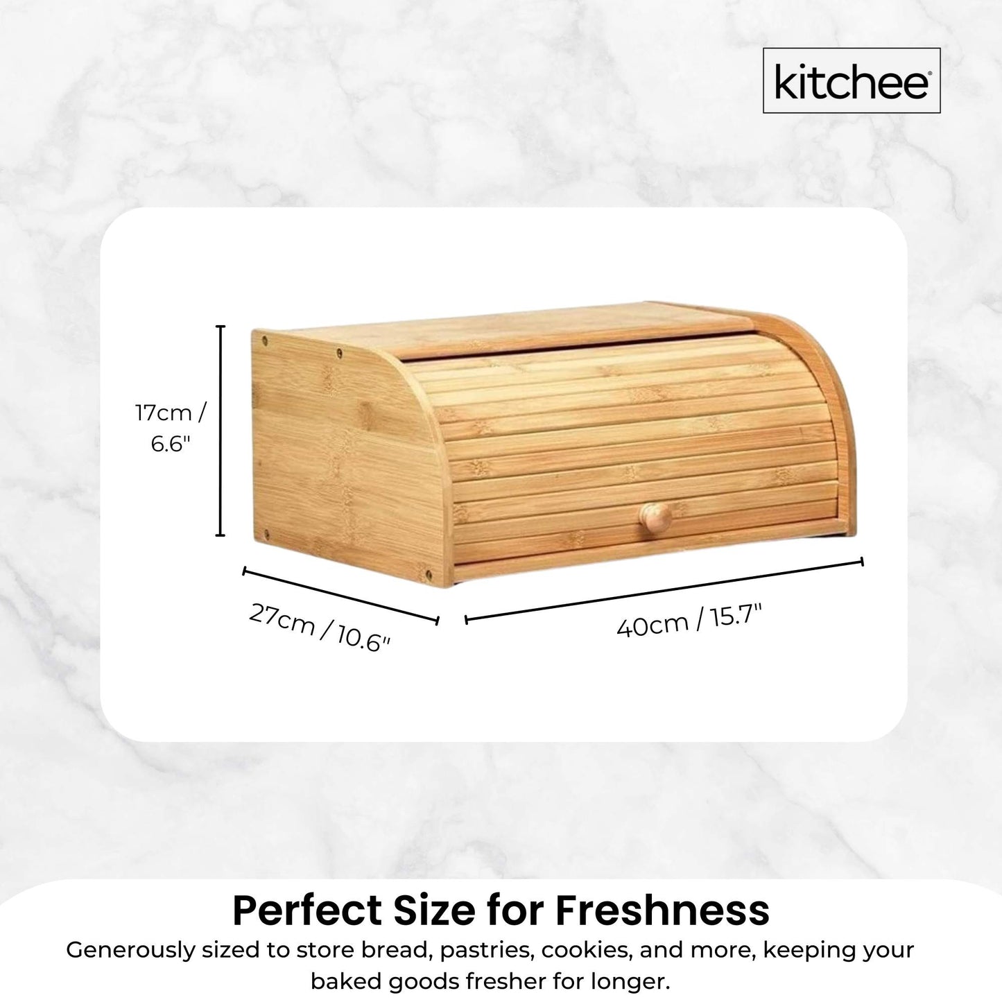 Kitchee 40cm Bamboo Bread Box - Storage Bin Keeper Kitchen Counter Container