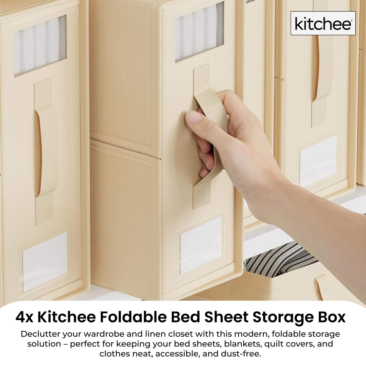4x Kitchee Foldable Bed Sheet Storage Box - Linen and Closet Organiser Beige