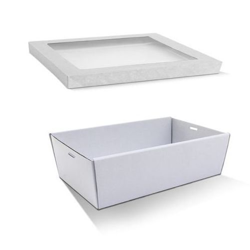 50 X White Disposable Catering Grazing Boxes Trays Clear Frame Lids - Medium