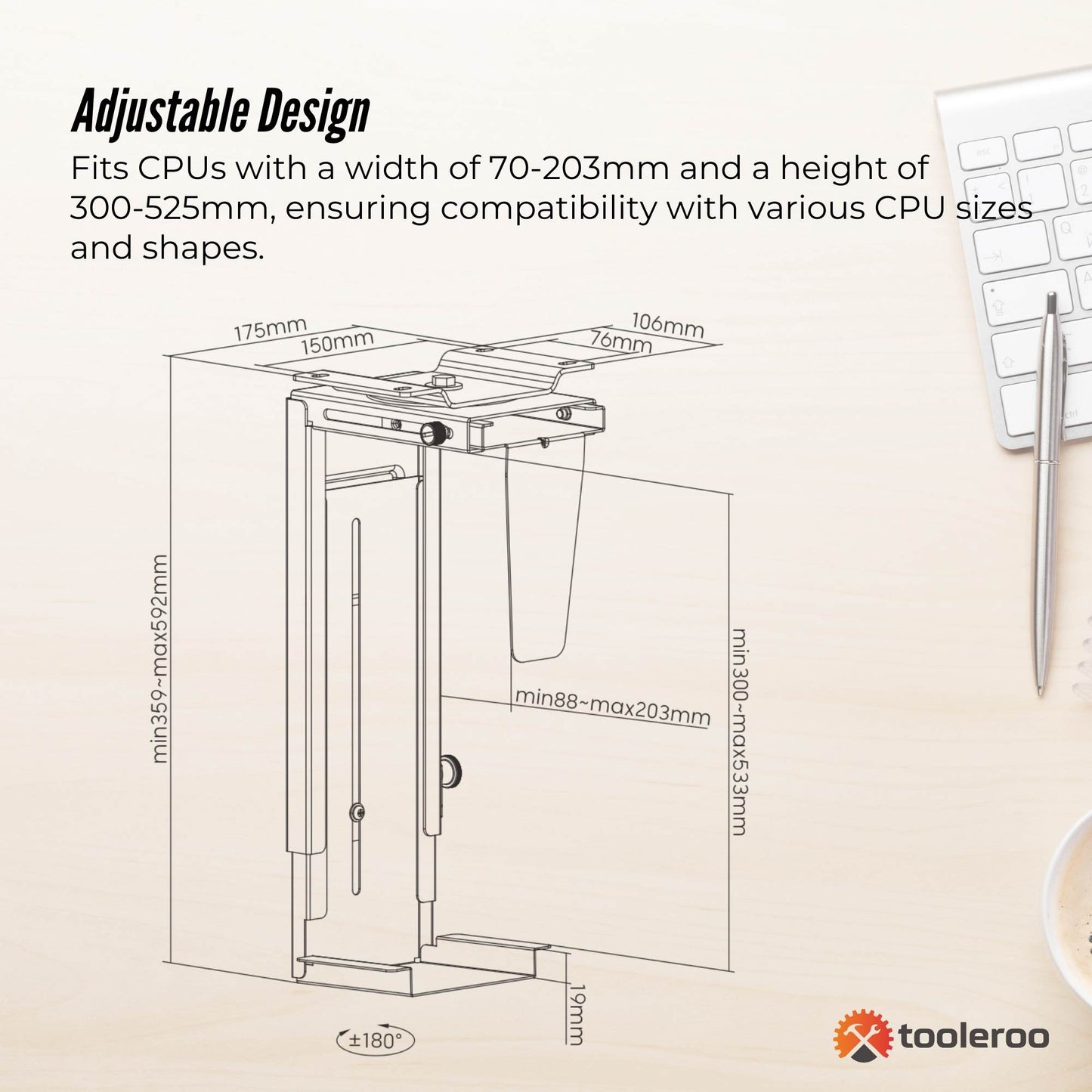 Tooleroo Under Desk CPU Holder PC Mount - Adjustable 360 Degree Rotation Rack