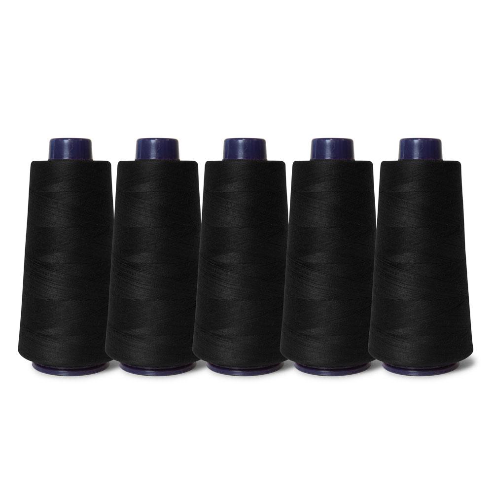 5x Black Sewing Overlocker Thread - 2000m Hemline Polyester Overlocking Spools