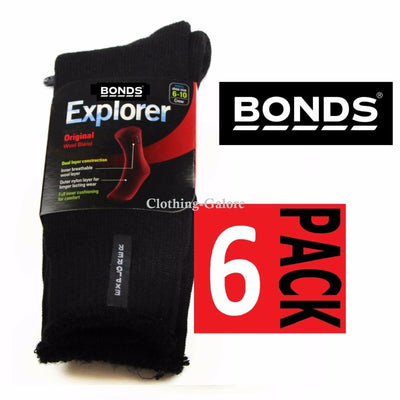 6 Pairs X Mens Black Original Bonds Explorer Wool Blend Socks Outdoor Hiking Work