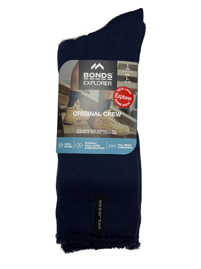6 x Mens Bonds Explorer Original Crew Wool Blend Navy Socks