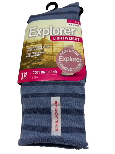 6 x Womens Explorer Lightweight Cotton Crew Ladies Socks Blue Stripes
