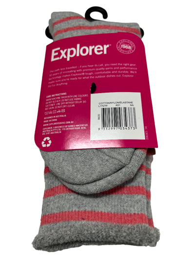 6 x Womens Explorer Lightweight Cotton Crew Ladies Socks Grey/Pink Stripes