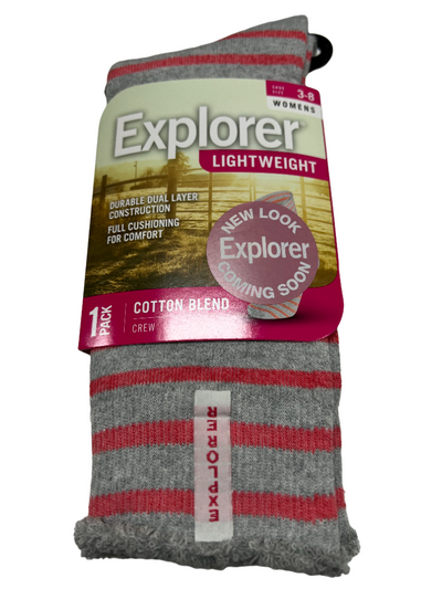 6 x Womens Explorer Lightweight Cotton Crew Ladies Socks Grey/Pink Stripes