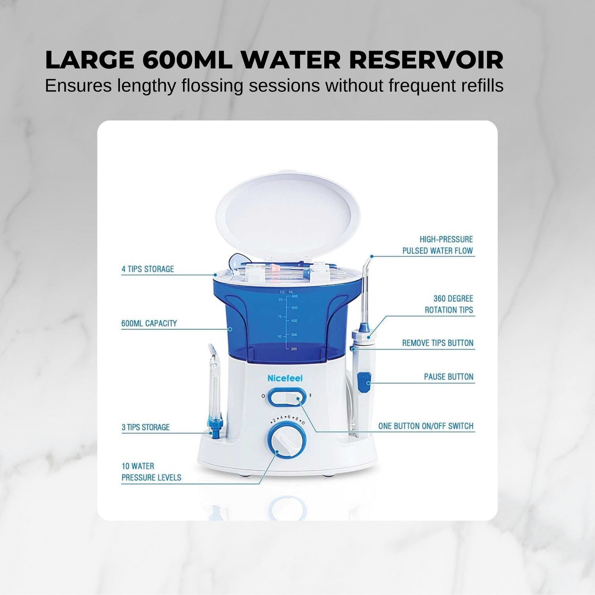 600ml Dental Water Flossing Teeth Flosser - Electric Oral Tooth Irrigator Cleaner