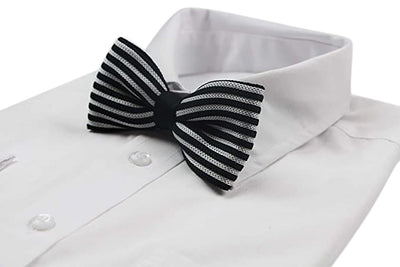 Mens Black & White Horizontal Stripe Knitted Bow Tie