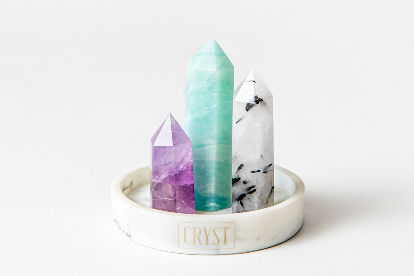 Gemini Crystal Trio - Caribbean Calcite, Tourmaline Quartz + Amethyst