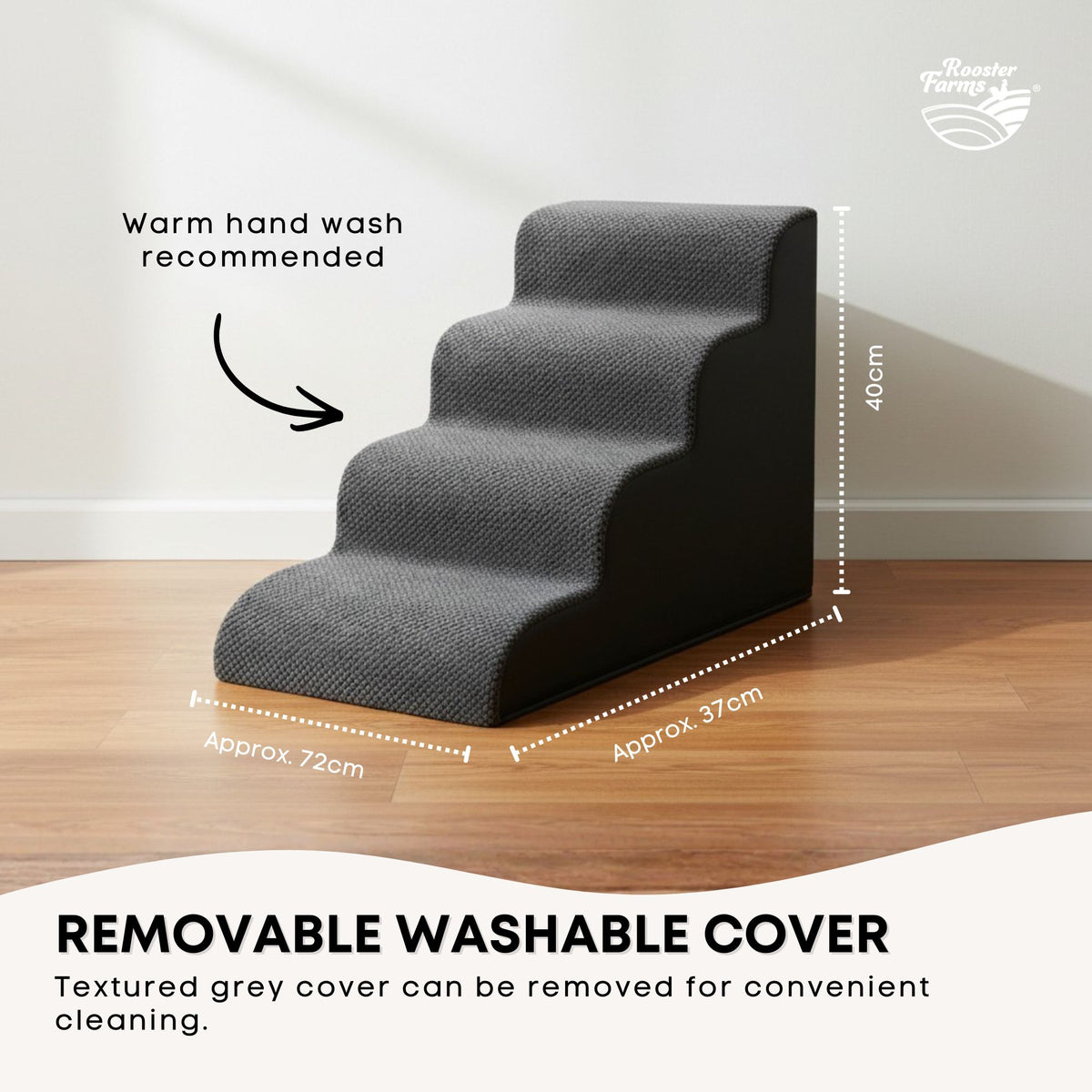 Rooster Farms 40cm Dog Stairs Pet Ramp Soft Foam - Washable Cover Grey