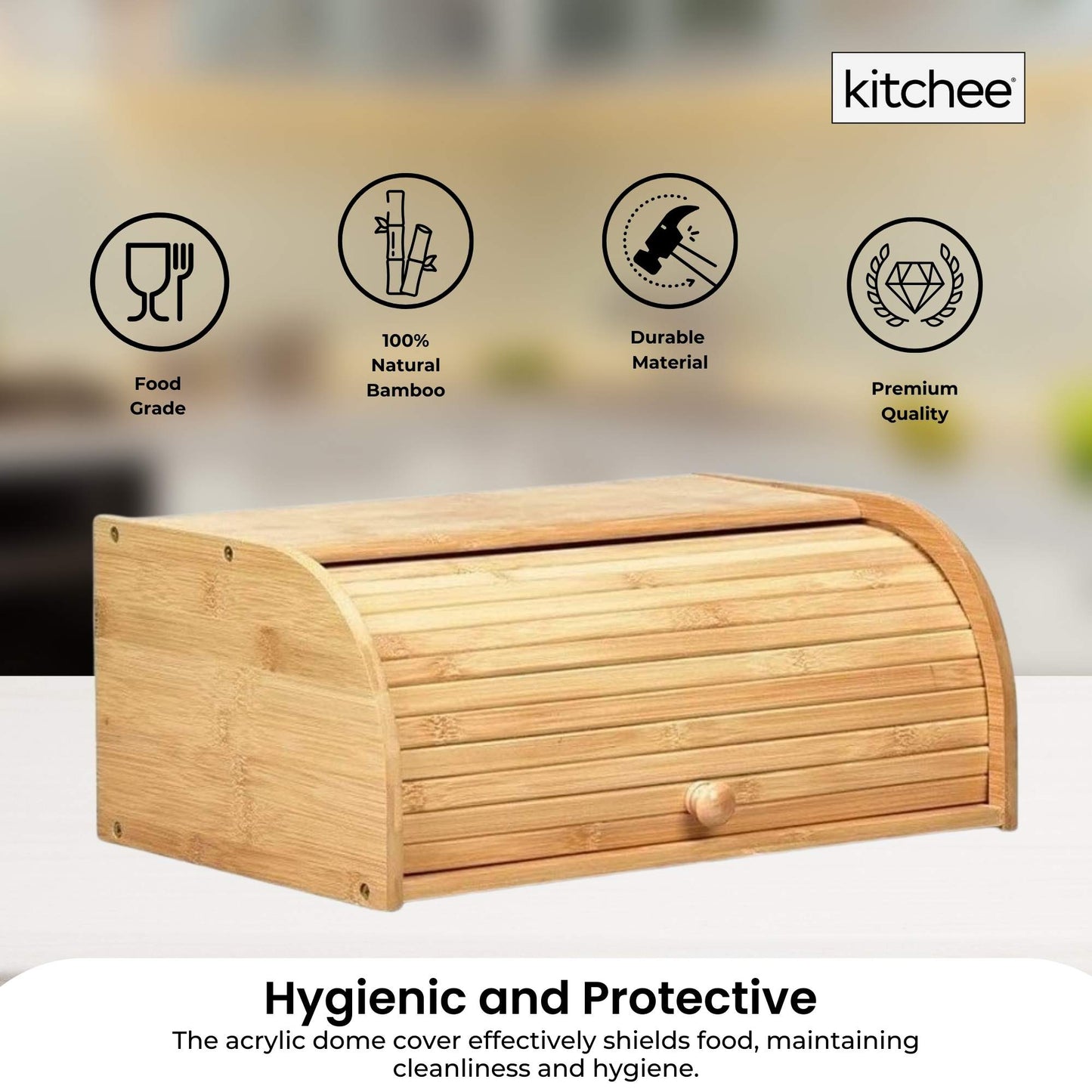 Kitchee 40cm Bamboo Bread Box - Storage Bin Keeper Kitchen Counter Container