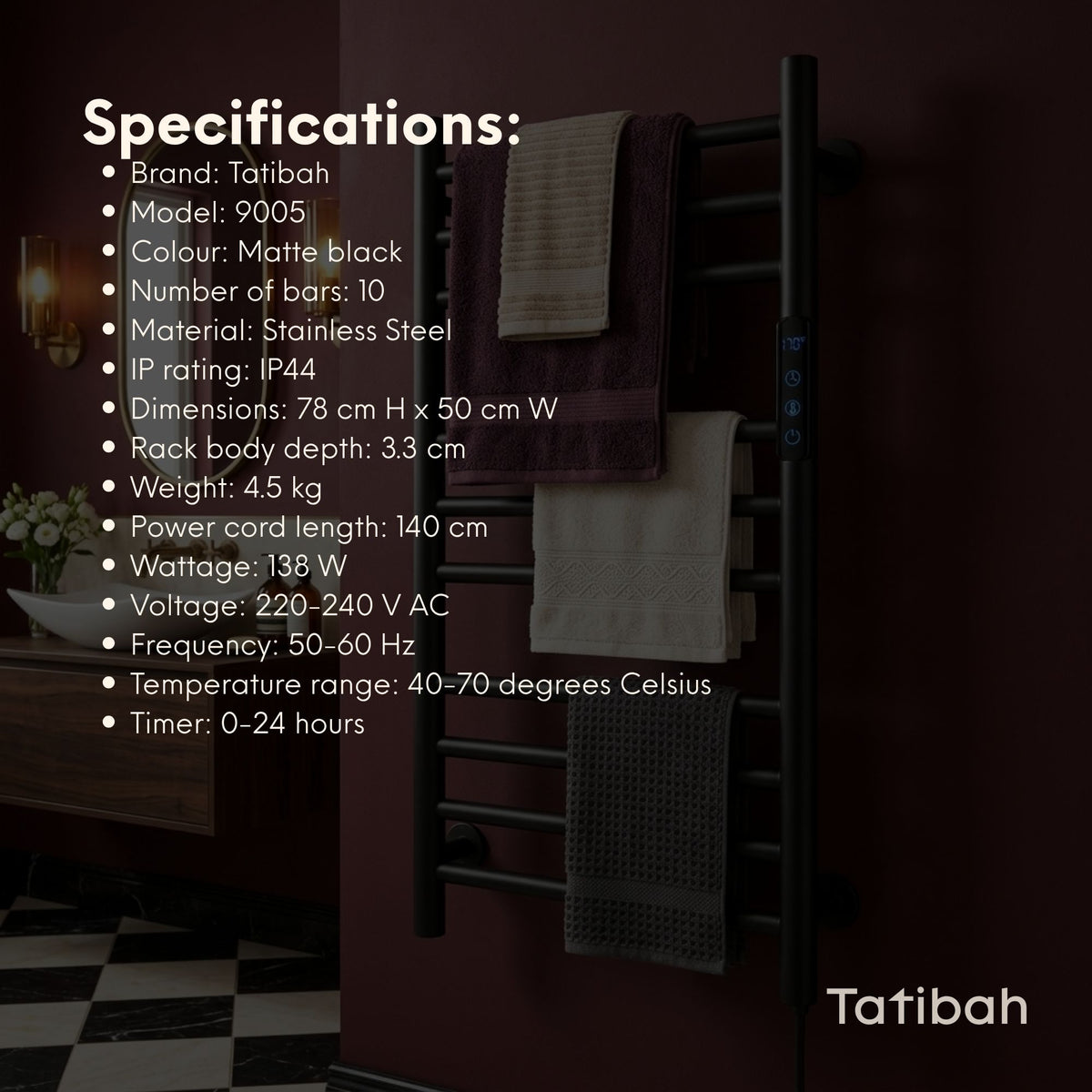 Tatibah Heated Towel Racks - Electric Warming Rails + Timer Matte Black