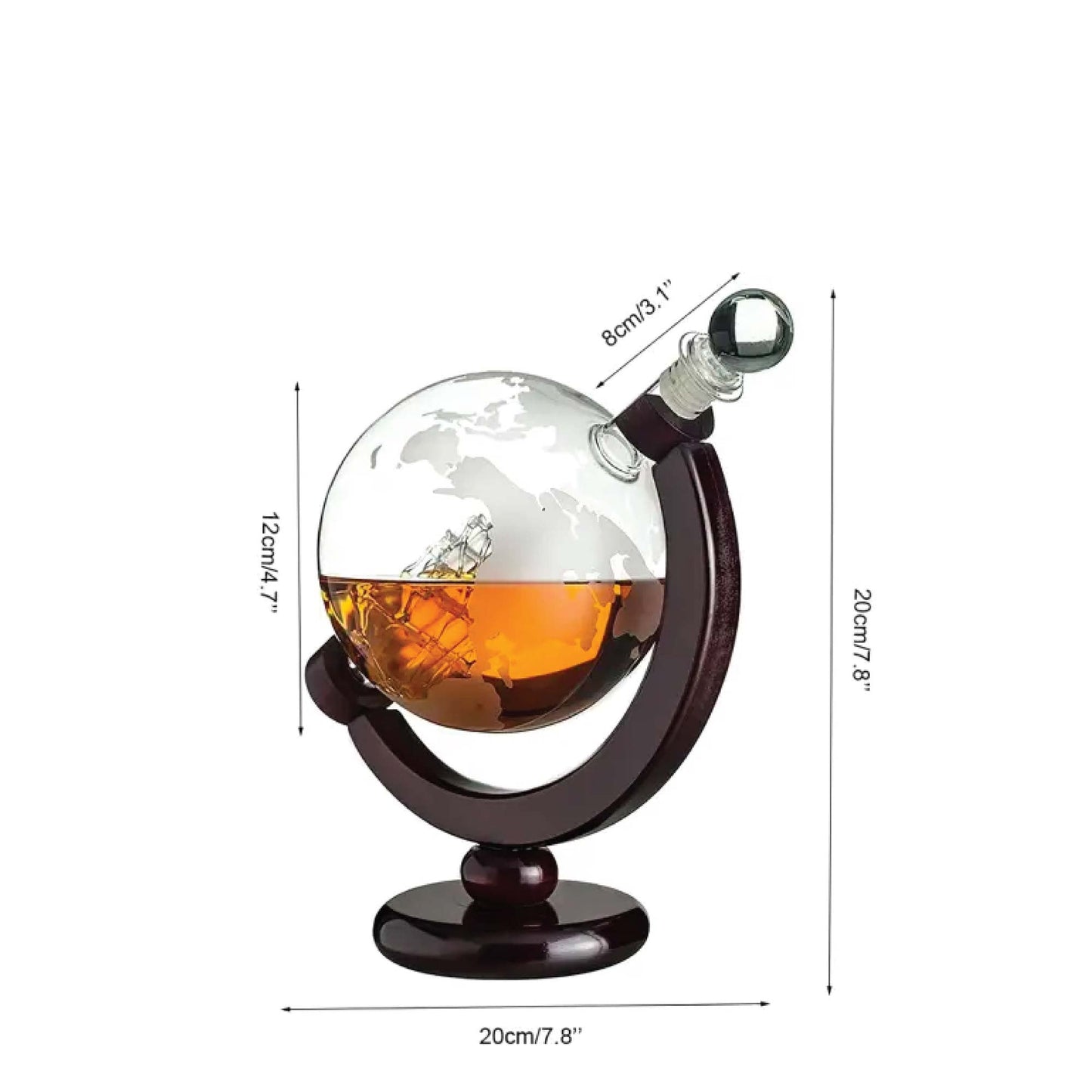 850ml Whiskey or Wine Globe Glass Decanter Set - 2x Glasses + Wooden Stand