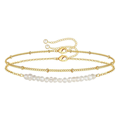 Pearl and plain gold double bracelet -Gold Plated Tarnish Free Jewellery