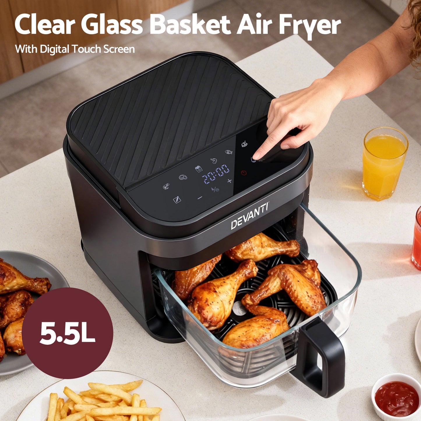 Devanti Air Fryer 5.5L Touch Control Electric Cooker 1200W Black