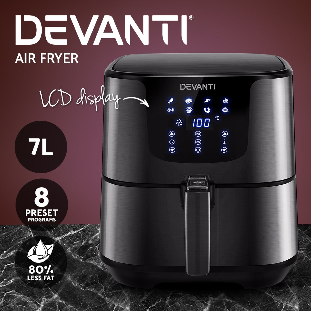 Devanti Air Fryer 7L LCD Fryers Oven Airfryer Kitchen Healthy Cooker Stainless Steel