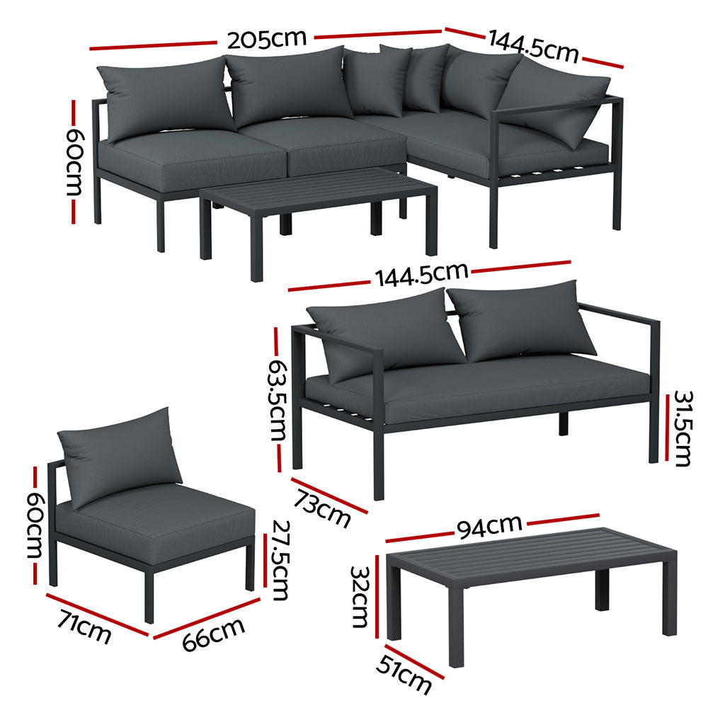 Gardeon 4 Seater Outdoor Sofa Set Aluminium Patio Furniture Setting 4PC Charcoal