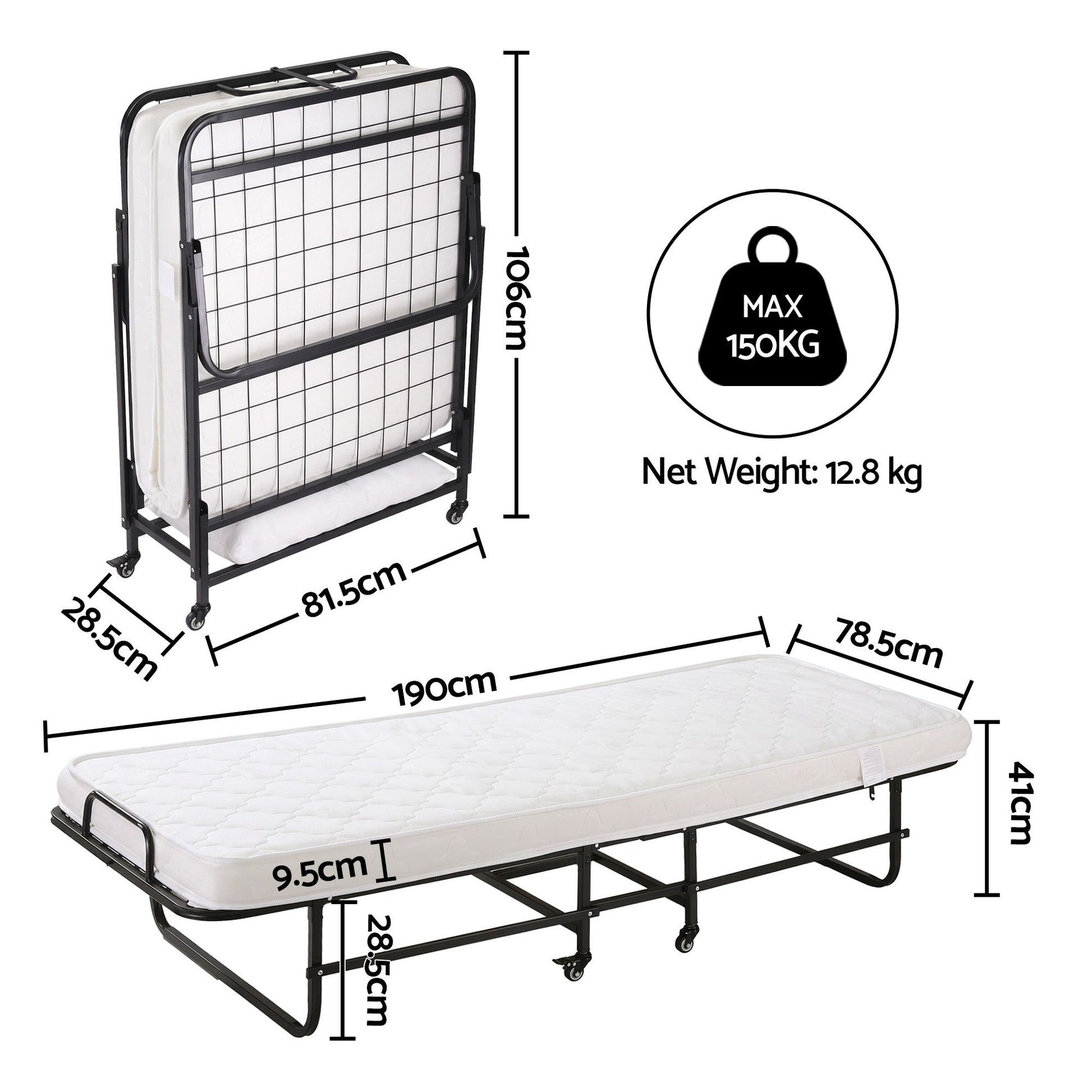 ARTISS Folding Bed with Mattress, Portable Rollaway 150kg Capacity 190CM