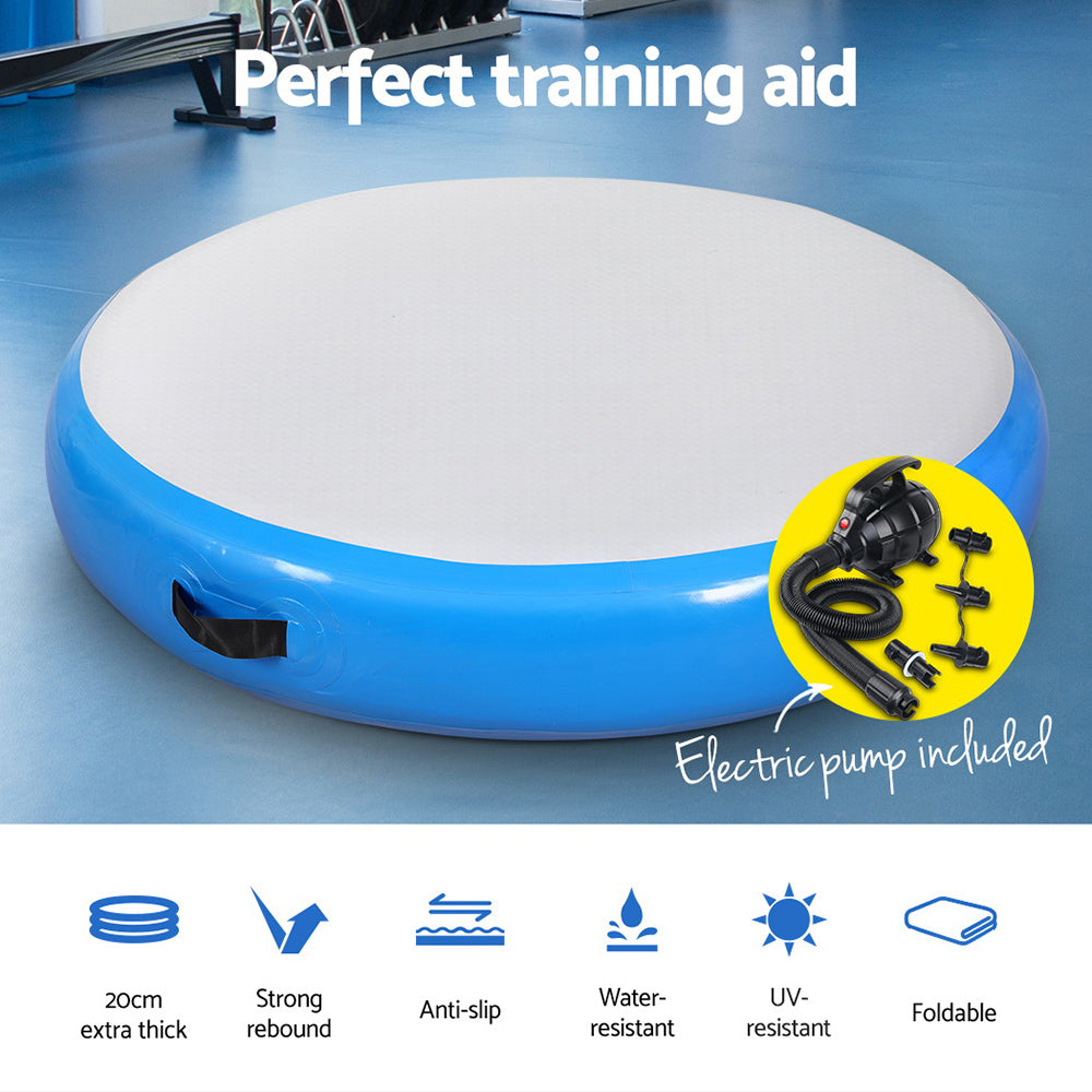 Everfit 1m Air Track Spot Inflatable Gymnastics Tumbling Mat Round W/ Pump Blue