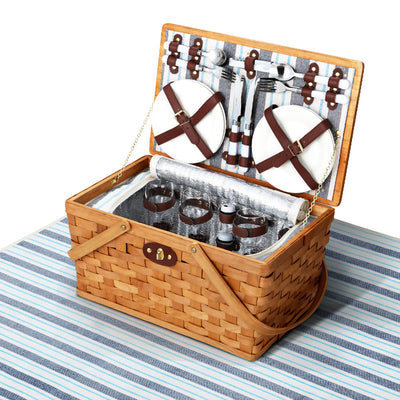 Alfresco Picnic Basket Set Wooden Cooler Bag 4 Person Outdoor Insulated Liquor