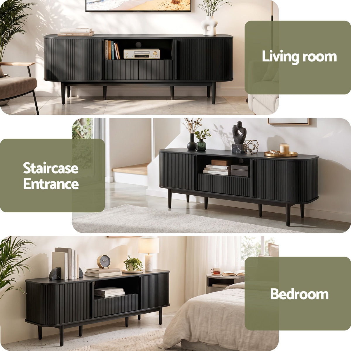Artiss 160cm TV Unit Storage Drawer Curved Edge Sliding Fluted Style Door Black