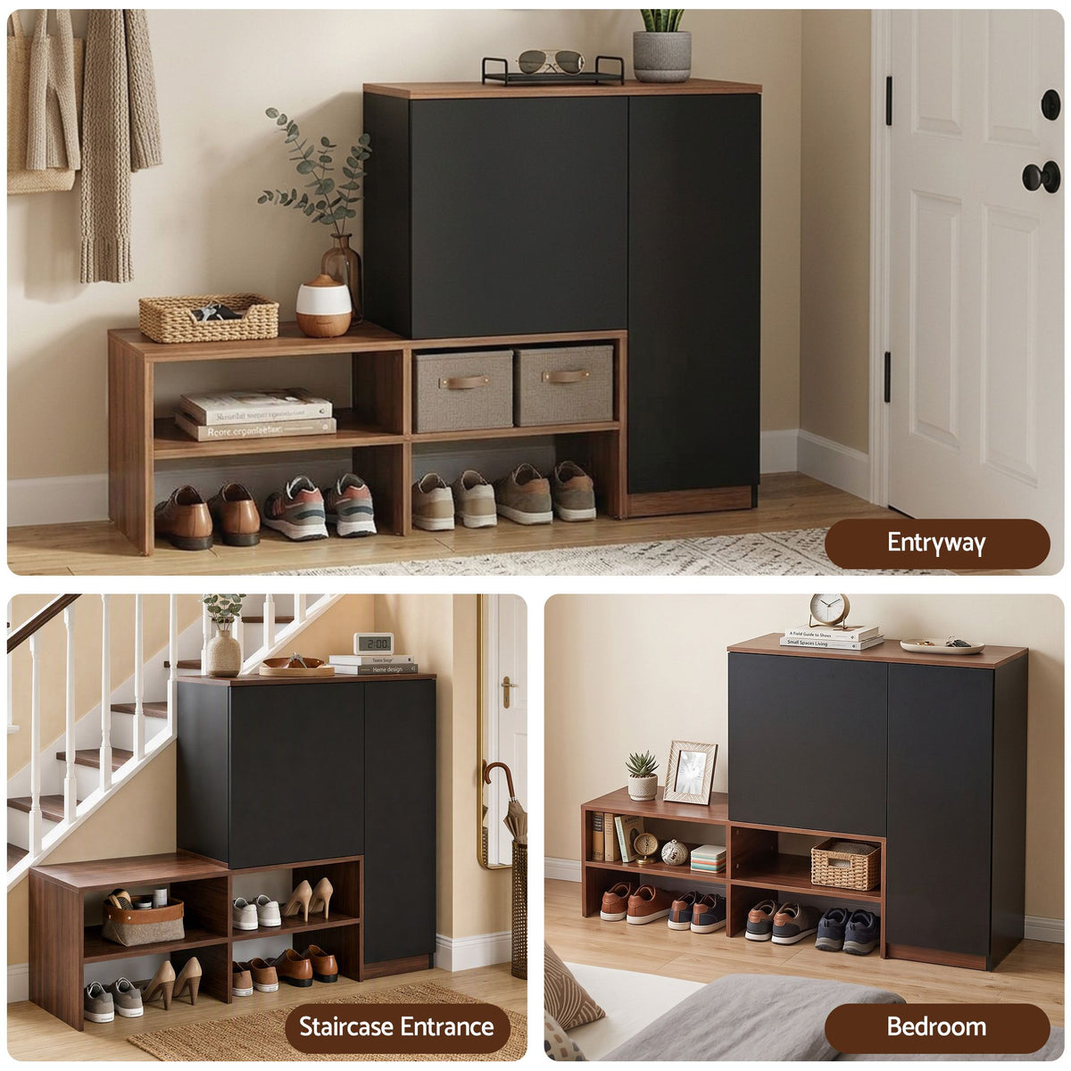 Artiss 2-IN-1 Shoe Cabinet Bench w/ Adjustable Shelf Hallway Walnut & Black
