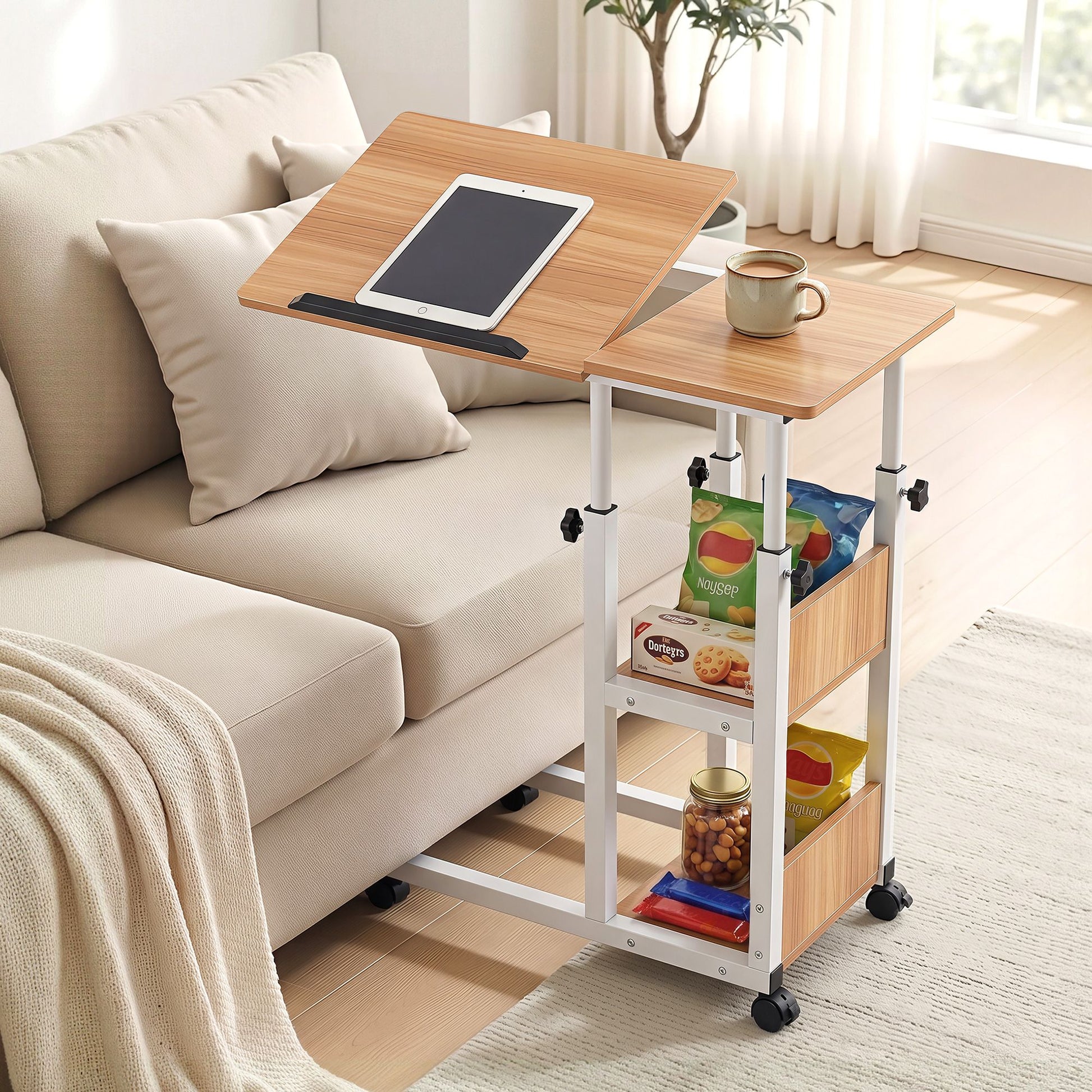 Artiss 3 Tier Adjustable Laptop Desk Tiltable Mobile Side Table Wheels Oak